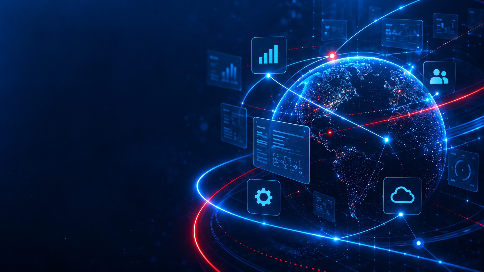 Connected digital business systems surrounding a blue globe