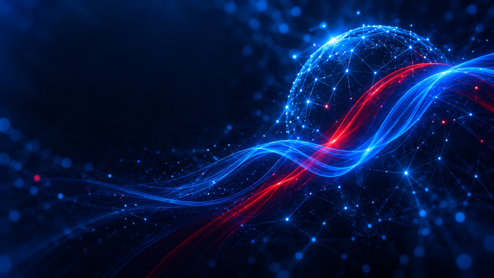 Blue and red data streams connecting an intelligent digital network